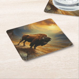Dessous-de-verre En Papier Silhouette du coucher de soleil de bison de buffle