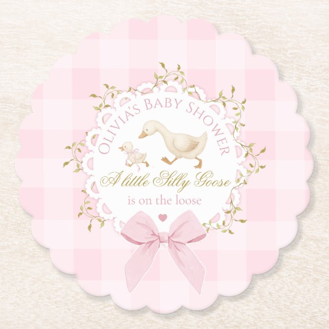 Dessous-de-verre En Papier Silly Goose Pink Gingham Bow Baby Shower (Devant)