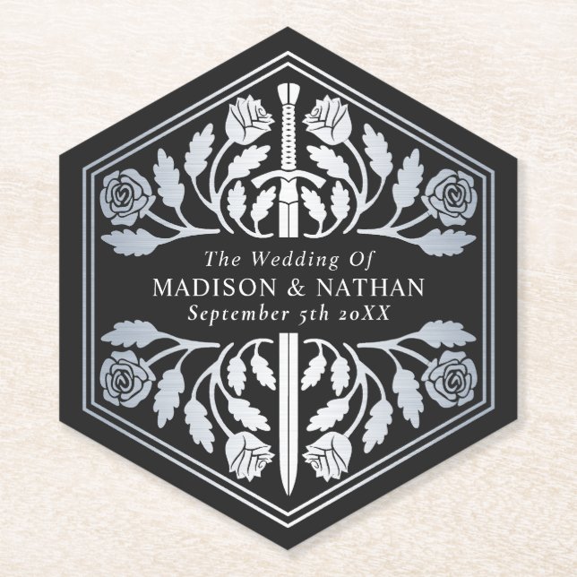 Dessous-de-verre En Papier Silver Black Royal Medieval Sword Wedding (Devant)