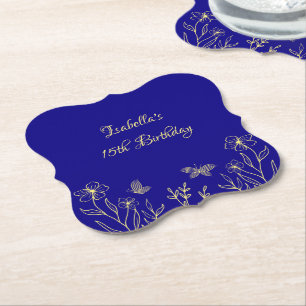 Dessous-de-verre En Papier Simple élégant or fleur royal bleu mariage