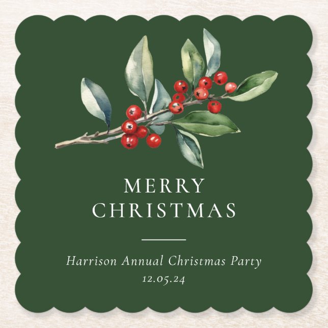 Dessous-de-verre En Papier Simple élégante aquarelle de Noël Botanique (Devant)