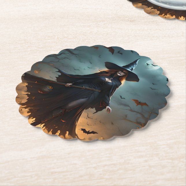Dessous-de-verre En Papier Sorcière d'Halloween effrayante, (Incliné)