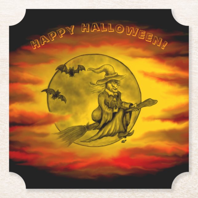 Dessous-de-verre En Papier Sorcière volante avec chat noir, nuit halloween (Devant)