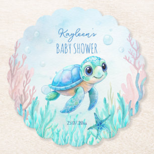 Dessous-de-verre En Papier Sous la tortue de mer, le baby shower bleu aqua fa