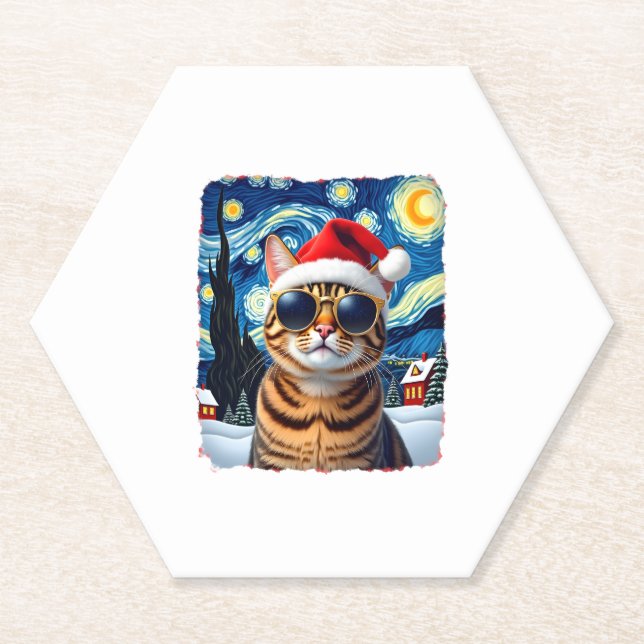 Dessous-de-verre En Papier Starry Night Orange Tabby Cat Christmas (Devant)