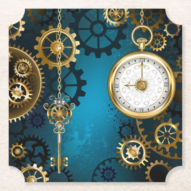 Dessous-de-verre En Papier Steampunk Arrière - plan turquoise avec Gears (Devant)
