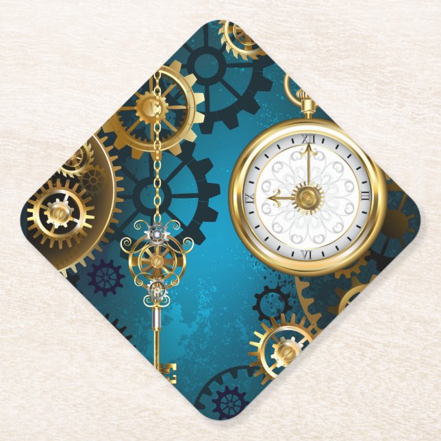 Dessous-de-verre En Papier Steampunk Arrière - plan turquoise avec Gears (Devant)
