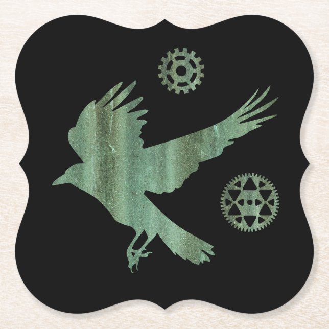 Dessous-de-verre En Papier Steampunk Verdigris Flying Crow and Gears (Devant)