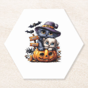 Dessous-de-verre En Papier Sticker Chat Halloween mignonne - Casquette sorciè