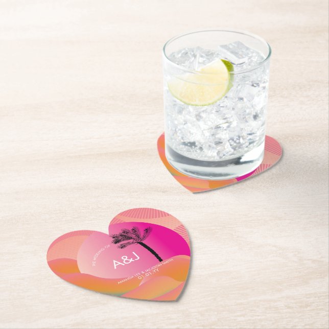 Dessous-de-verre En Papier Sunrise Tropicale Gras Rose Orange Blanc Mariage (En situation)