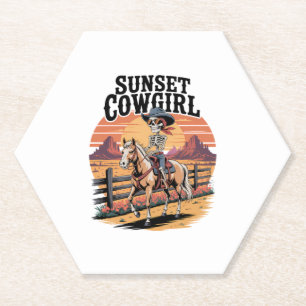 Dessous-de-verre En Papier Sunset Cowgirl Skeleton équitation Cheval