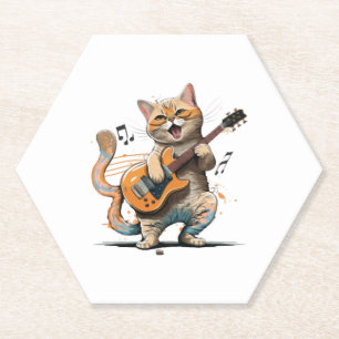 Dessous-de-verre En Papier T-shirt chat mignon jouant de la guitare, guitare 