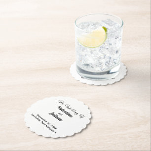 Dessous-de-verre En Papier Tapisserie de mariage noir et blanc rond à bordure