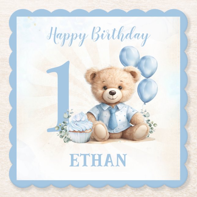 Dessous-de-verre En Papier Teddy Bear Anniversaire Boy Blue Beige Papier Dess (Devant)