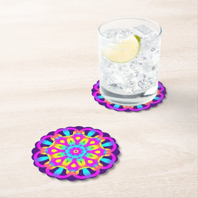Dessous-de-verre En Papier Teinture pourpre, rose et jaune (En situation)