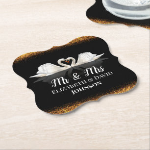 Dessous-de-verre En Papier Thème noir et or avec Mariage Swans