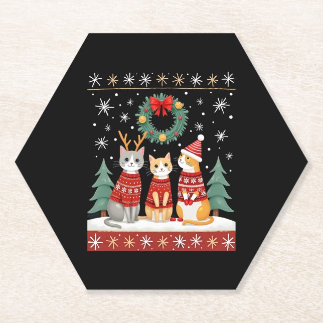 Dessous-de-verre En Papier Three Cat Funny Christmas Cat Ugly Xmas Sweater Me (Devant)