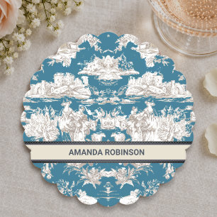 Dessous-de-verre En Papier Toile de Jouy monogramme bleu turquoise vintage