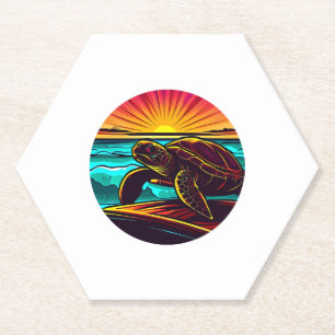 Dessous-de-verre En Papier Tortue au coucher du soleil, conception de la natu