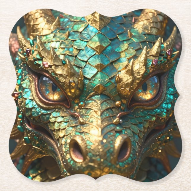 Dessous-de-verre En Papier Turquoise and Gold Dragon Face (Devant)