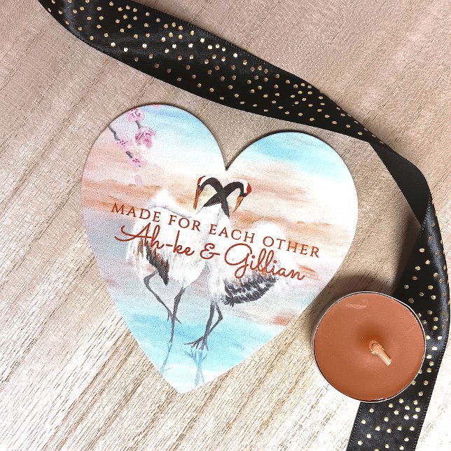 Dessous-de-verre En Papier Turquoise Blanc Beige Asiatique Tancho Granes (Personalized wedding coaster, couple's names, love birds, tancho cranes, Japanese wedding theme)
