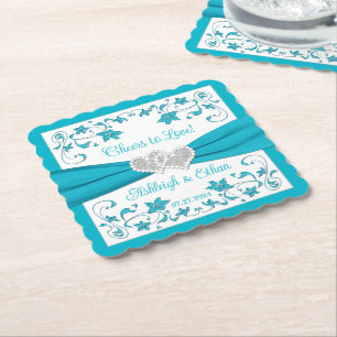 Dessous-de-verre En Papier Turquoise, Blanc, Silver Love Hearts Mariage