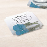Dessous-de-verre En Papier Turquoise Blue Rose ne prenez pas mon Mariage de b<br><div class="desc">Ce dessous de verre mariage est élégant, élégant et amusant ! Il est orné d'une photo d'un seul rose bleu ciel, turquoise ou azur à longue tige posé sur son côté, miroir dans un bassin d'eau. Le texte dit : "S'il vous plaît ne prenez pas mon verre, je danse" écrit...</div>
