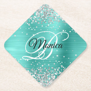 Dessous-de-verre En Papier Turquoise Pailleté Argent Monogramme Fantaisie Dia