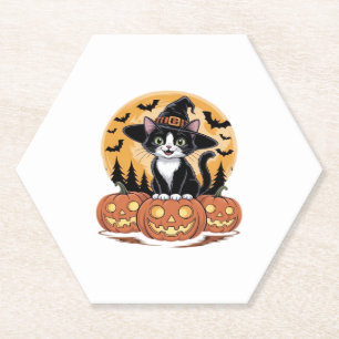 Dessous-de-verre En Papier Tuxedo Chat Halloween Sorcière mignonne Citrouille