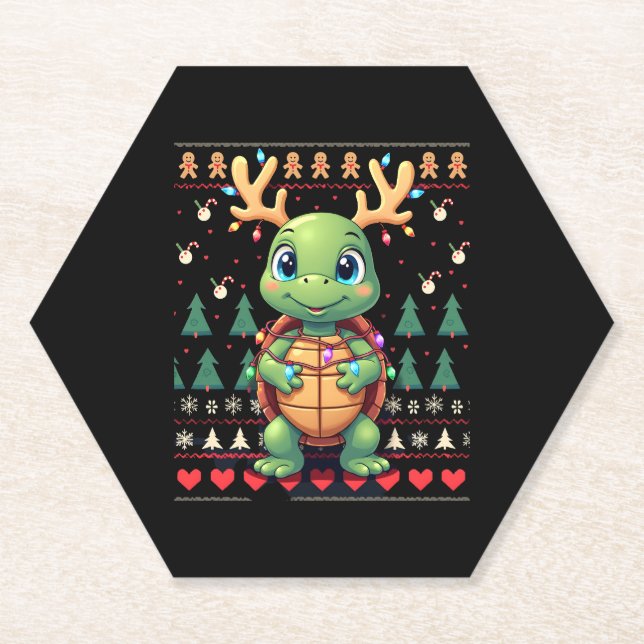 Dessous-de-verre En Papier Ugly Xmas Sweater Style Lighting Turtle Christmas  (Devant)