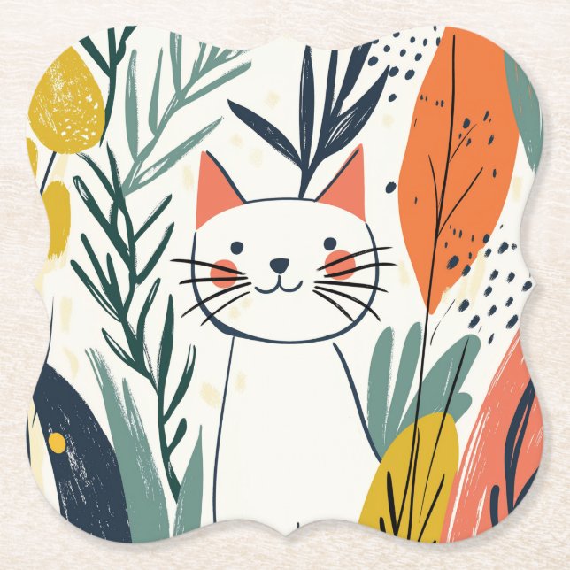 Dessous-de-verre En Papier Un chat adorable dans un jardin Illustration (Devant)