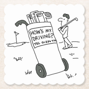 Dessous-de-verre En Papier Un golfeur avec un signe qui dit comment je condui