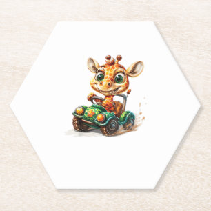 Dessous-de-verre En Papier Une Jolie Giraffe En Voiture Sur La Route, Avec Un