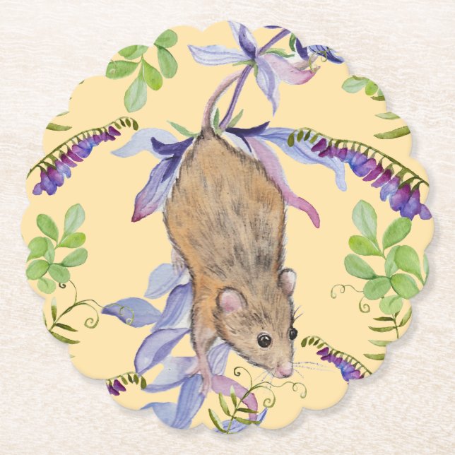 Dessous-de-verre En Papier Une souris drôle dans un fourré de fleurs. (Devant)