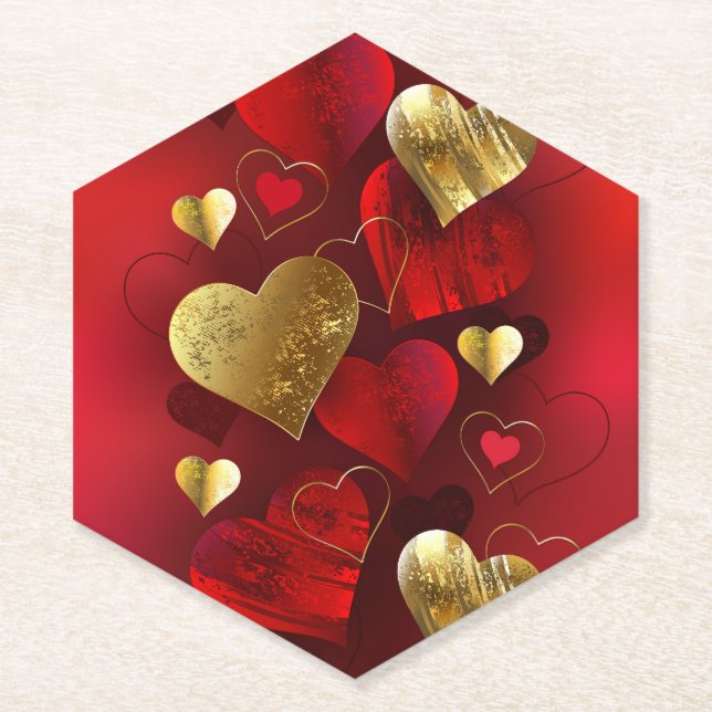 Dessous-de-verre En Papier Valentines dorées et rouges (Devant)