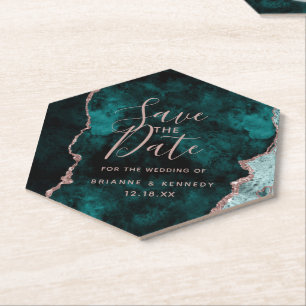 Dessous-de-verre En Papier Vert paon Rose Or Agate Marbre Enregistrer la Date