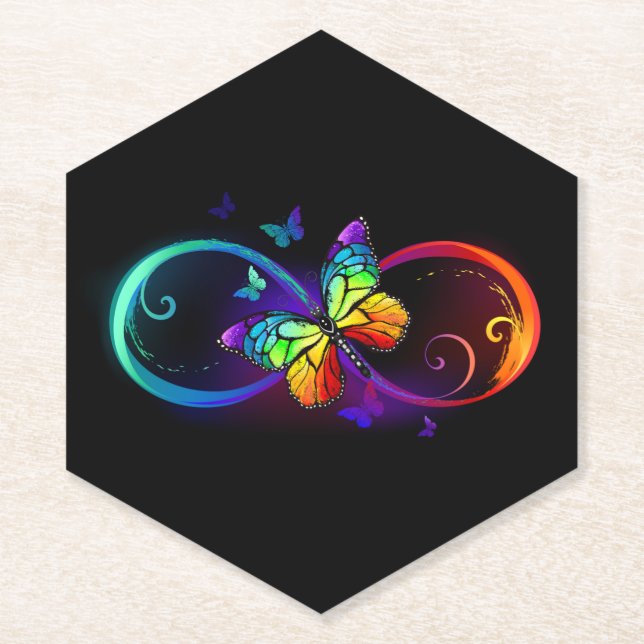 Dessous-de-verre En Papier Vibrant infinity with rainbow butterfly on black (Devant)