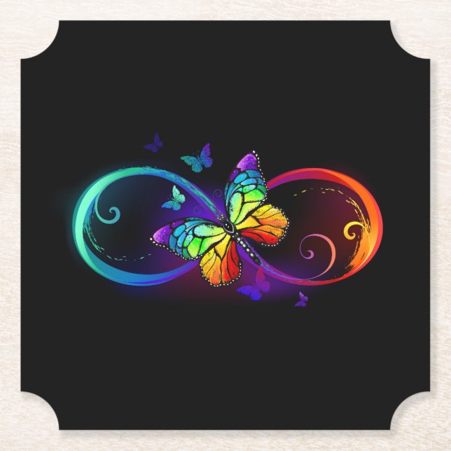 Dessous-de-verre En Papier Vibrant infinity with rainbow butterfly on black (Devant)