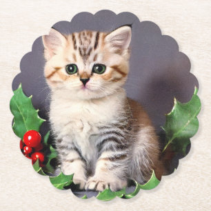 Dessous-de-verre En Papier Vintage Christmas Kitten et Holly