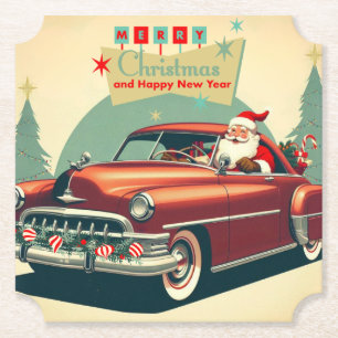 Dessous-de-verre En Papier Voiture rouge vintage & Père Noël