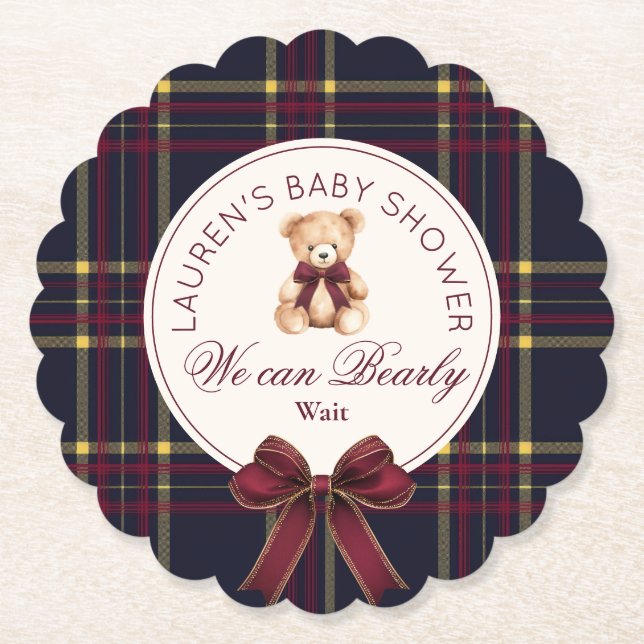 Dessous-de-verre En Papier We can bearly wait Plaid teddy bear Baby Shower (Devant)