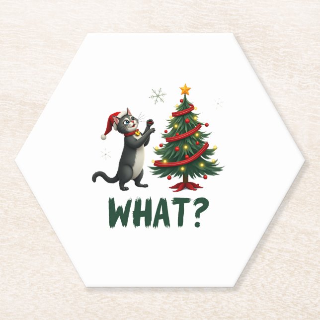 Dessous-de-verre En Papier What Funny Cat Pushing Christmas Tree Over Cat Xma (Devant)