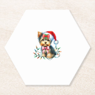 Dessous-de-verre En Papier Yorkshire Terrier Chien avec Coquette Bow Noël