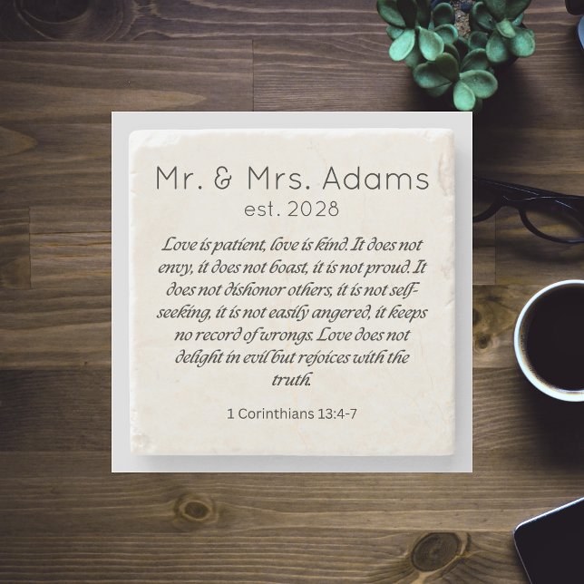Dessous-de-verre En Pierre 1 Corinthiens 13 M. Mme Nom Année de Mariage (1 Corinthians 13 Mr Mrs Surname Est. Year Wedding Stone Coaster)