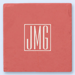 Dessous-de-verre En Pierre 3 Initiales Monogramme Rouge & Blanc (ou couleur