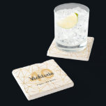 Dessous-de-verre En Pierre 40e anniversaire or géométrique nom blanc<br><div class="desc">Un motif géométrique en faux or moderne avec quelques points dorés. Elégant et tendance pour un 40ème anniversaire avec un fond blanc. Modèle pour votre nom,  âge et date. Lettres noires pour le nom et la date,  dorées pour votre âge. Parfait pour votre fête,  comme cadeau ou garde.</div>