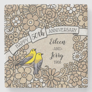 Dessous-de-verre En Pierre 50e anniversaire personnalisé, Oiseaux floraux d'o