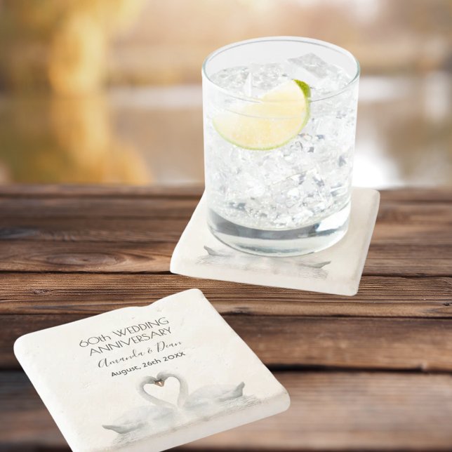 Dessous-de-verre En Pierre 60e anniversaire de mariage cygnes blancs romantiq (Créateur téléchargé)