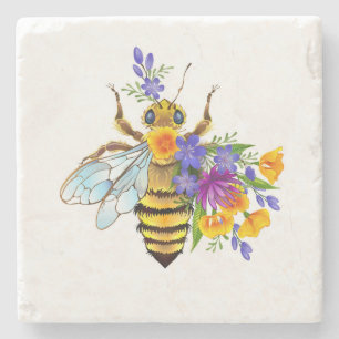 Dessous-de-verre En Pierre Abeille à fleurs avec plantes sauvages