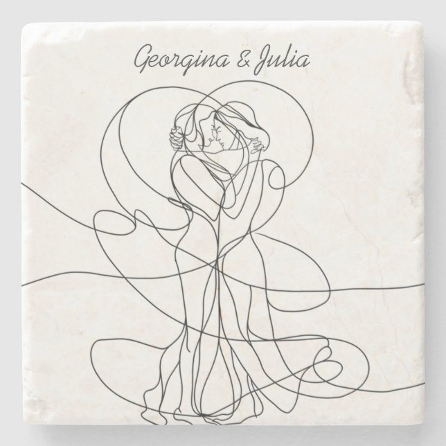 Dessous-de-verre En Pierre Abstrait Line Art of Lesbian Couple With Names (Devant)